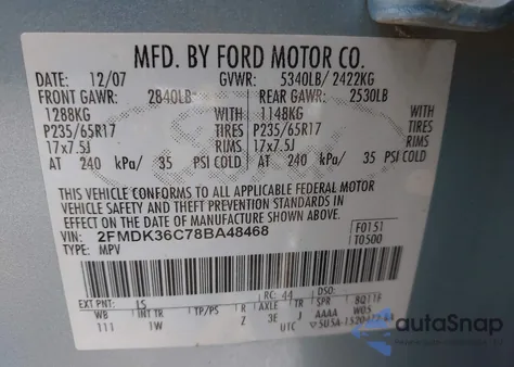 2008 Ford Edge Se из США, поврежденный, VIN 2FMDK36C78BA48468